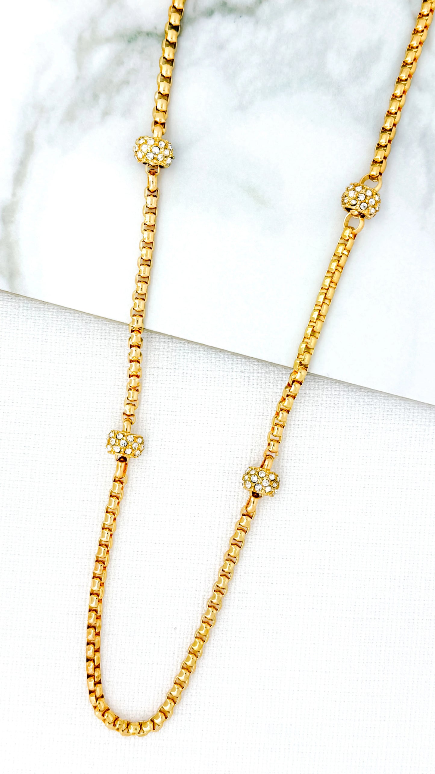 Long gold box chain necklace with diamante details