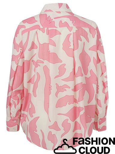 A pink and off-white abstract patterned button-down shirt shown from the back, featuring a collar and long sleeves, with a 'FASHION CLOUD' watermark overlay at the bottom right.