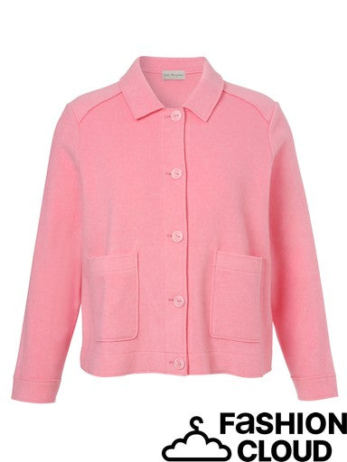 A light pink knit cardigan jacket with a pointed collar, button-front closure, and two front patch pockets, shown on a plain white background. A 'FASHION CLOUD' watermark is visible in the bottom right corner.