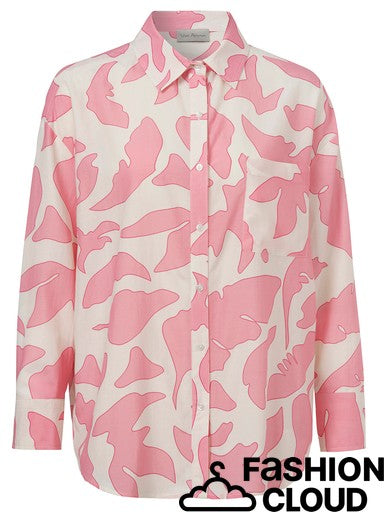 A long-sleeve button-up shirt with a pink and off-white abstract organic pattern, shown on a plain white background. A 'FASHION CLOUD' watermark is visible in the bottom right corner.